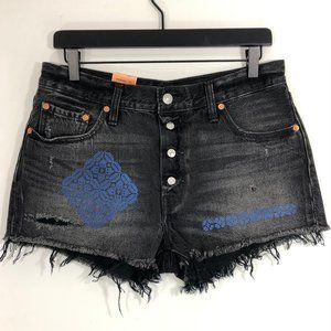New Levi's Printed Shredded Onyx 501 Jean Shorts